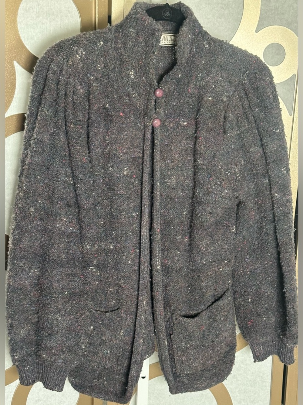 Vintage Boucle Cardigan Gray Purple Speckled Mock Collar Cozy
